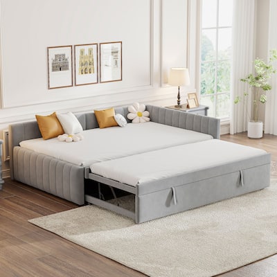 2-in-1 Daybed with Pop Up Trundle Bed, L-Shaped Upholstered Daybed Convertible Platform Bed, Vertical Stripes Frame Sofa Bed