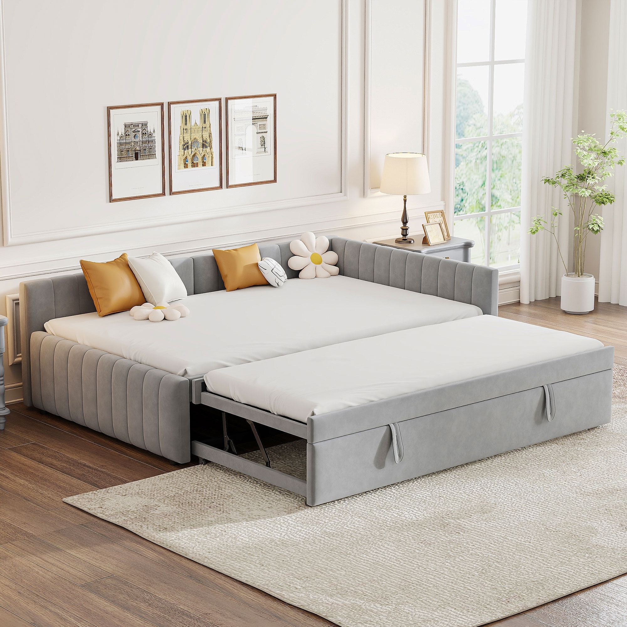 Full Size Daybed with Pull-Out Lift-Up Trundle, Upholstered Daybed Platform Bed with Stripes L-Shaped Backrest and Wood Slats