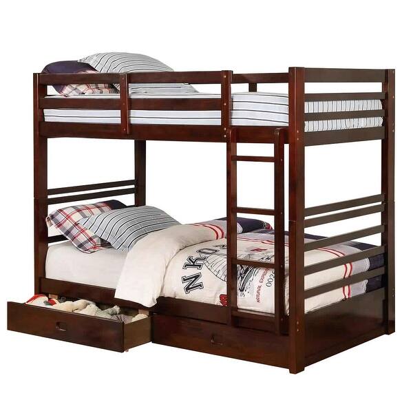 slide 2 of 5, Transitional Twin Over Twin Bed with Attached Ladder and Drawers, Brown
