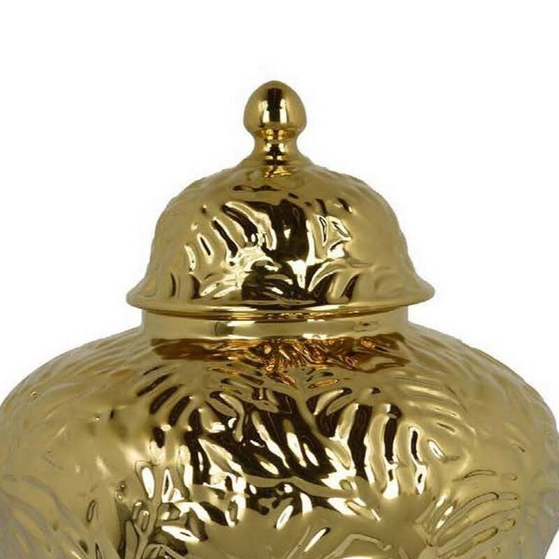 Aniea 18 Inch Accent Temple Jar, Geometric Design, Dome Lid, Gold Ceramic