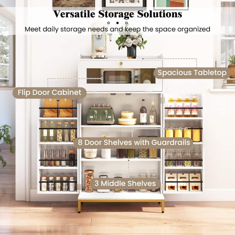 White-Gold MDF and Metal Kitchen Pantry Cabinet with LED Lights and USB Ports - 23.5" x 12" x 43.5"