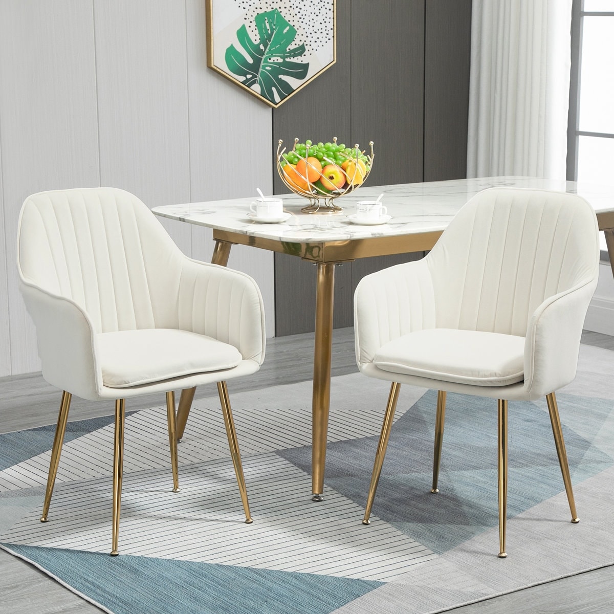 Modern Linen Velvet Upholstered Dining Accent Chair with Golden Metal Legs & Armrests