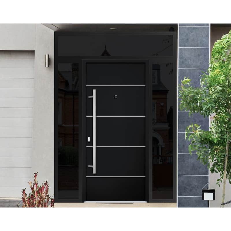 Front Prehung Steel Door 6083 Black Enamel Top Window Sidelite Stainless Inserts W36xH80+16 Lh I Bedroom Door Bathroom Door