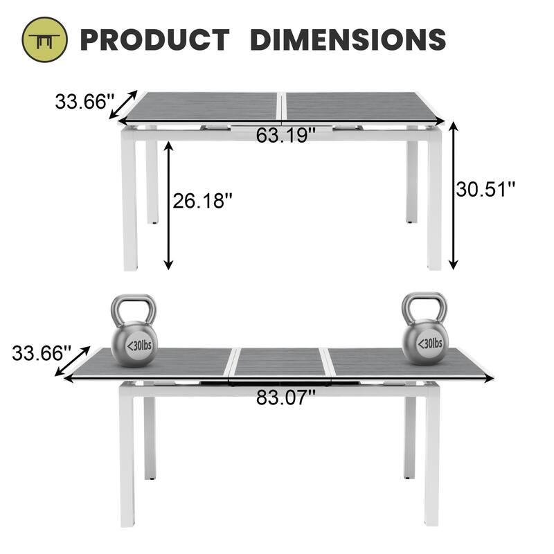 Outdoor Extendable Dining Table Aluminum with Extension Leaf - 63.19-83.07" L x 33.66" W x 30.51" H