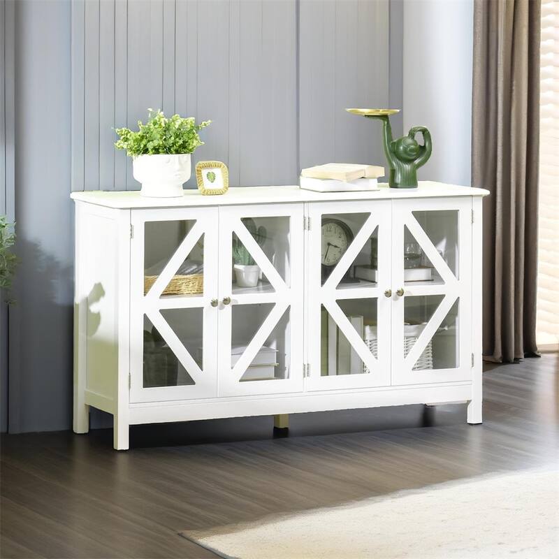 Buffet Cabinet w/ 4 Tempered Glass Doors and Adjustable Storage Shelf - White