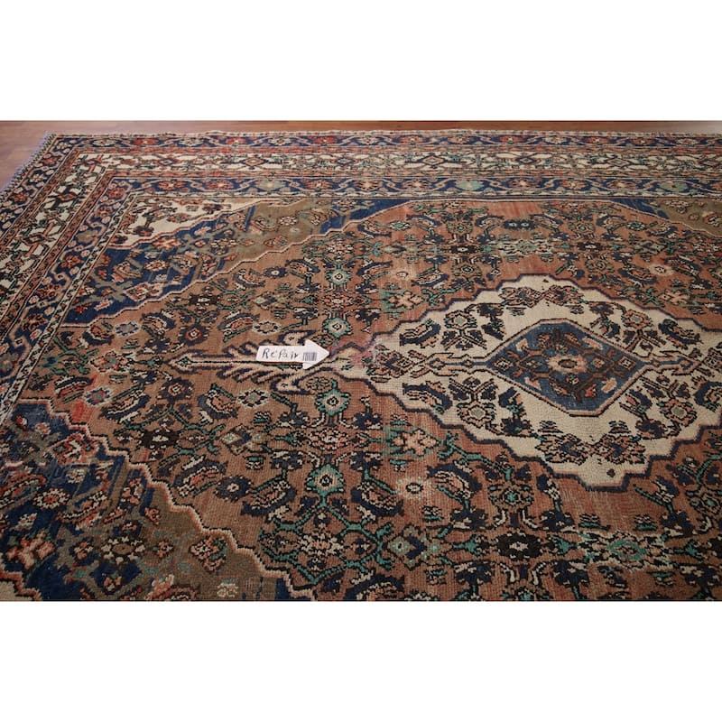 Geometric Hamedan Vintage Persian Area Rug Hand-Knotted Wool Carpet - 7'2" x 10'4"