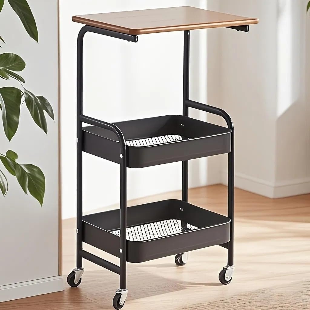 3-Tier Rolling Storage Cart with Wooden Desktop, Metal Utility Cart on Wheels
