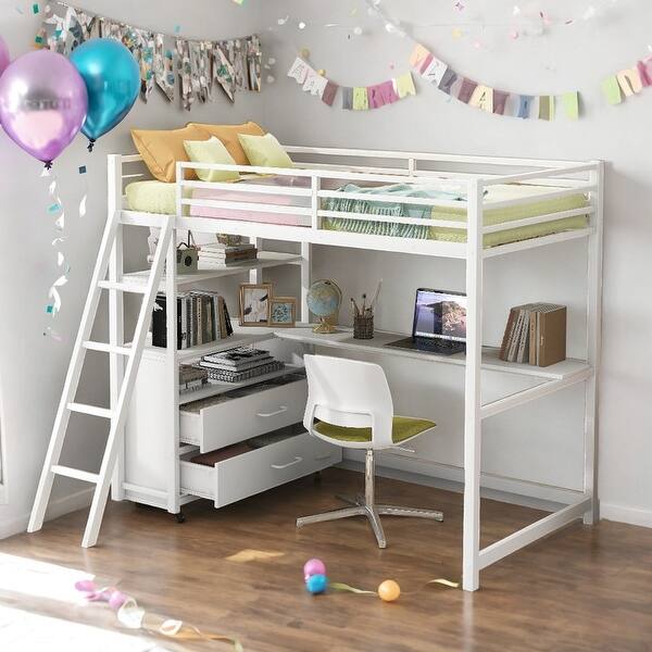 slide 2 of 29, Twin Size Loft Bed with Desk and Shelves, Two Built-in Drawers, White White