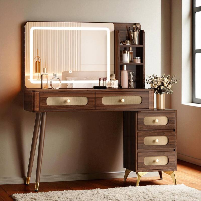 47'' Vintage Makeup Vanity with Mirror and Lights, Dressing Table with 5 Drawers, Storage Shelf & Rattan Design