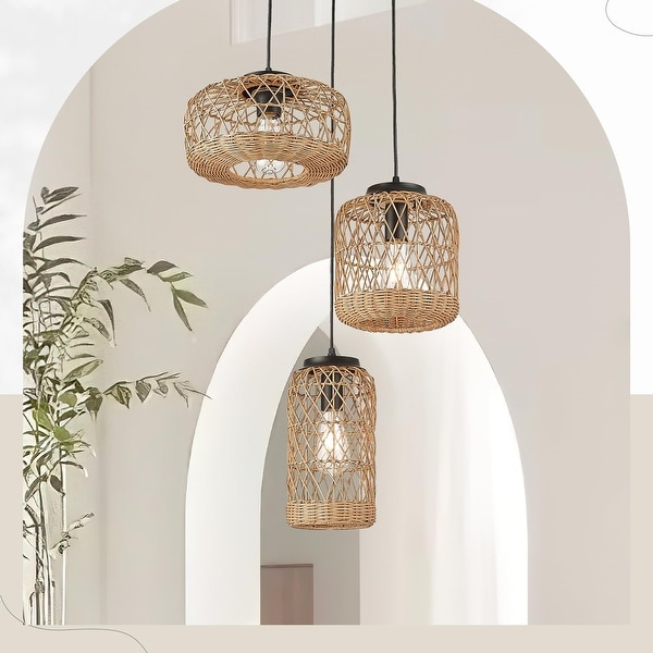 3 Light Rattan Cluster Pendant Light Wicker Chandelier White