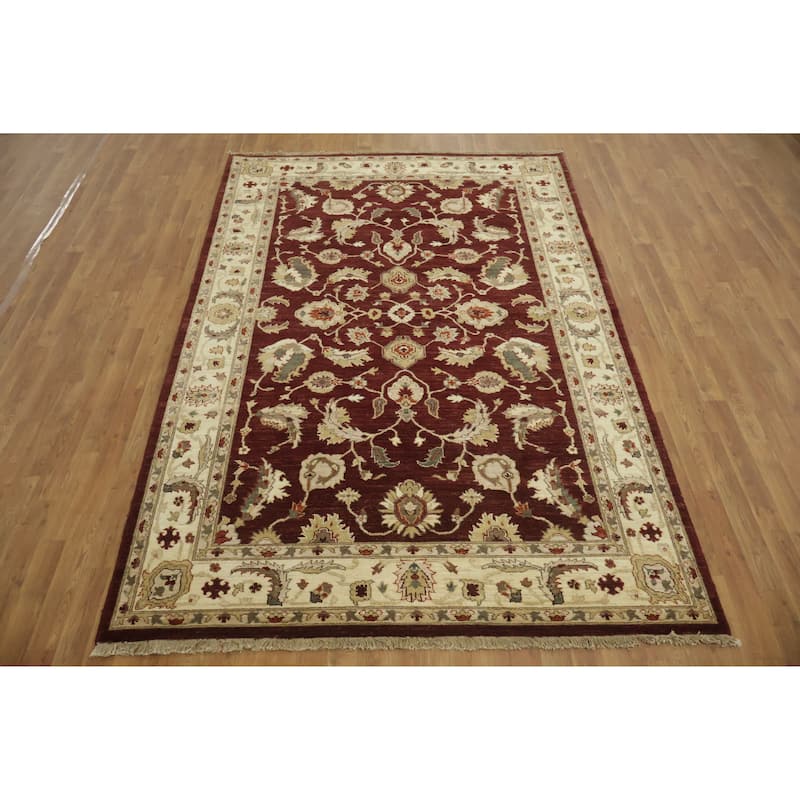 Hand Knotted Oriental 100% Wool Carpet Traditional All-Over Red Peshawar Area Rug - 9' 1'' X 6' 0''