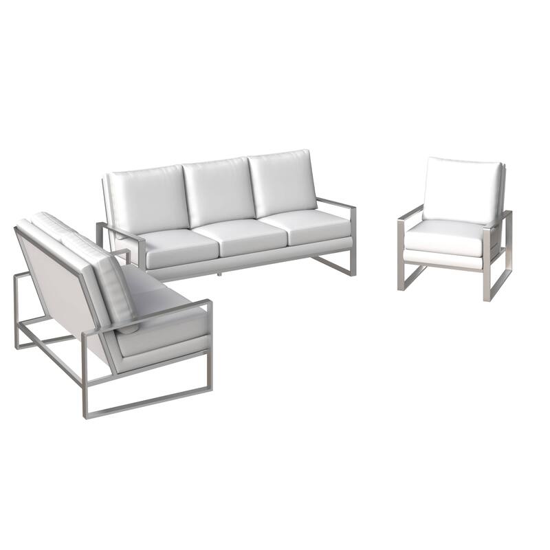 3-Piece Leather Sofa Set Brushed Stainless Steel Base and Removable Cushions - White