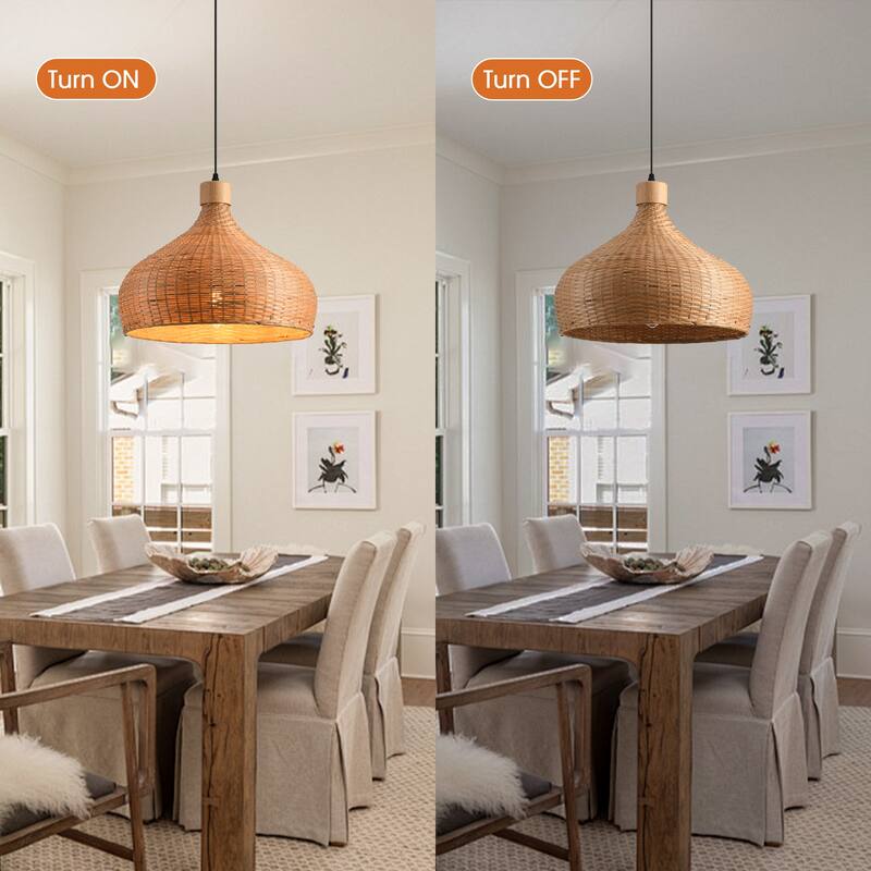 1-Light Retro Brown Handmade Bamboo Woven Dome Hanging Pendant Light - 17.7" W x 59" H