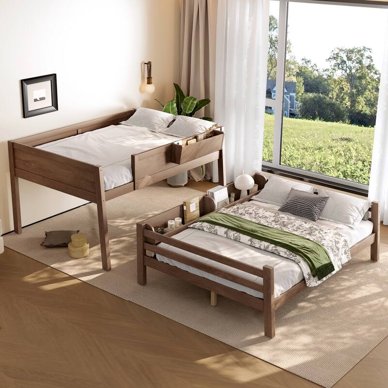 Wood Bunk Bed with Storage Shelves and Bookshelf, Ladder & Guardrails, Detachable Design