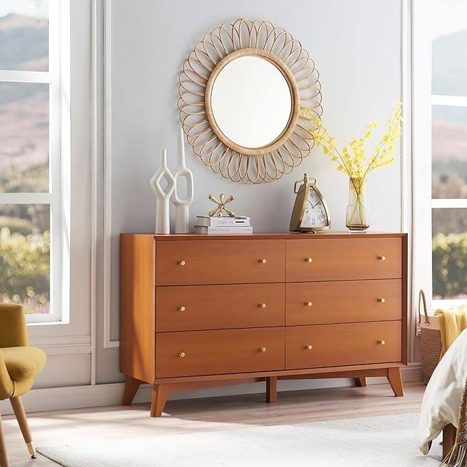 Mid Century Modern 6 Drawer Wood Dresser, Chest of Drawers, TV Stand