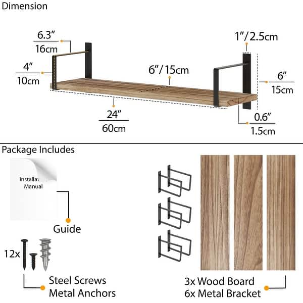 Wallniture Toledo 24" Wood Floating Shelves, Rustic Floating Bookshelf Set of 3, Black Bracket