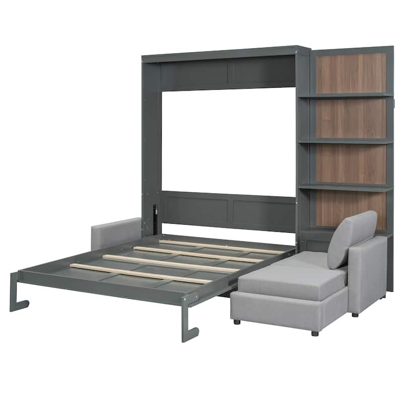 Queen Size Wall Bed with Sofa and Shelves, Gray