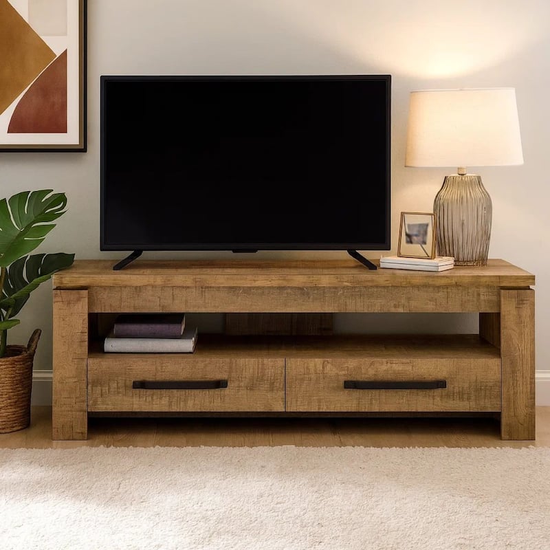 59 Inch TV Media Entertainment Console with 2 Drawers, Warm Wood Brown
