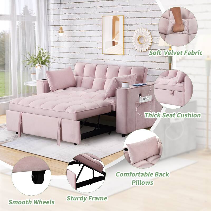 Loveseat Convertible Pull-out Sleeper Sofa Bed Adjustable Backrest Tufted Couch Futon Sofa w2 Pillows, USB Ports Pockets