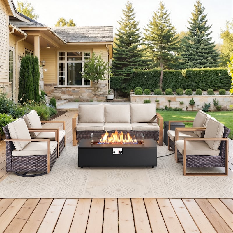 Meyreso Wicker Outdoor Patio Fire Pit Set with Swivel Gliders and 4.5-Inch Olefin Cushions