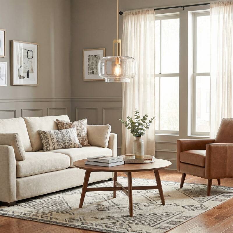 15" Modern Brushed Gold Drum Clear Glass 1-Light Adjustable Pendant Hanging Light - N/A