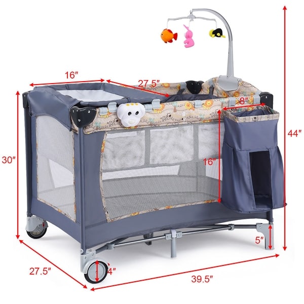 dimension image slide 1 of 2, Costway Foldable Baby Crib Playpen Playard Pack Travel Infant 3-in-1 - 40'' x 27.5'' x 30''