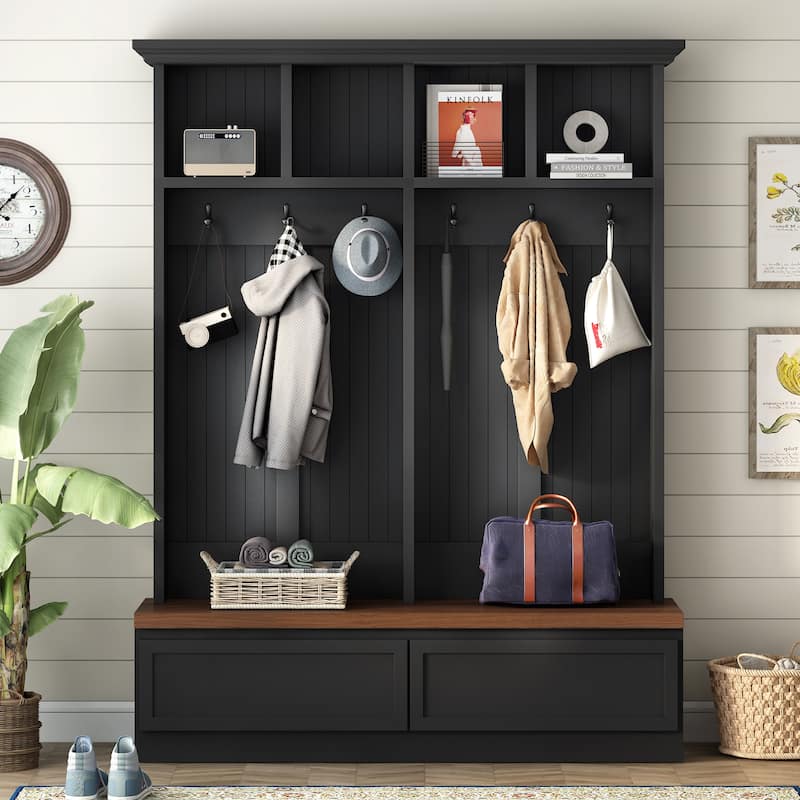 Farmhouse 4-in-1 Hall Tree with Wood Grain Bench, Mudroom Versatile Coat Rack with 2 Large Drawer, Entrance Organizer, 55.9"W