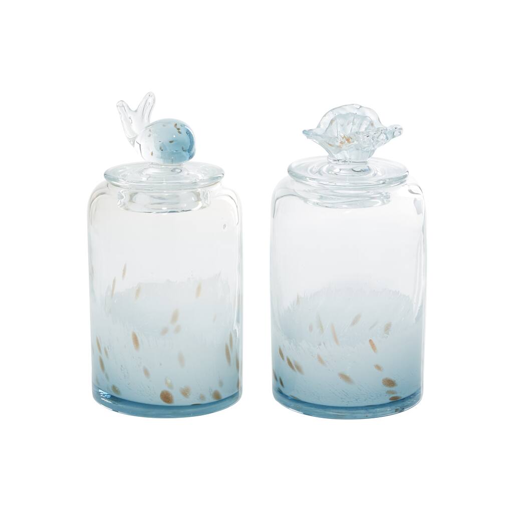 Glass Shell Handmade Decorative Jars with Whale and Seashell Tops - Set of 2 Blue - Roche River Decor - 5"W x 5"L x 9"H