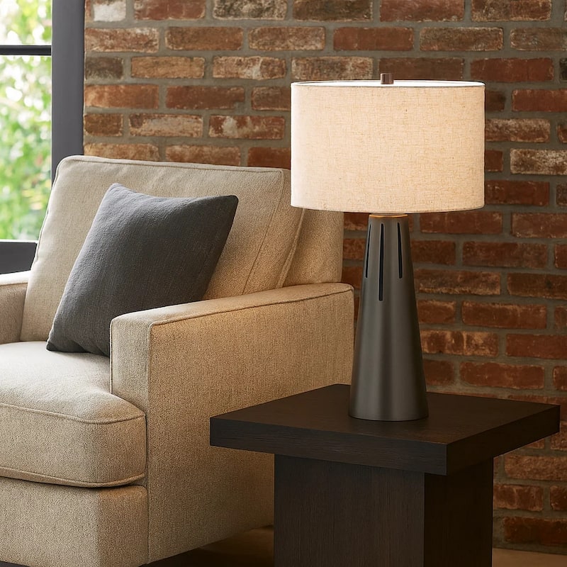 Tiy 30 Inch Table Lamp, White Hardback Drum Shade, Gray Iron Cone Base