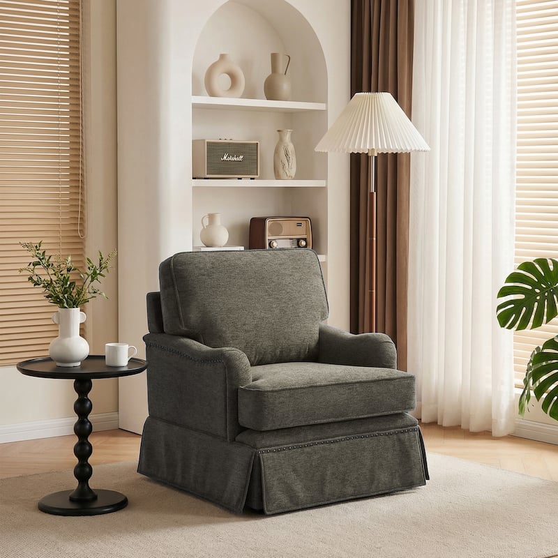 Skirted Swivel Accent Nailhead Barrel Chair - Tan