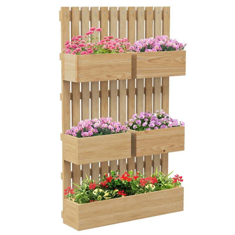 5 Box Raised Garden Bed with Trellis, 39" Tall Wall-Mounted Wood Planter Box Set with Adjustable Height,Drainage Hole - Natural