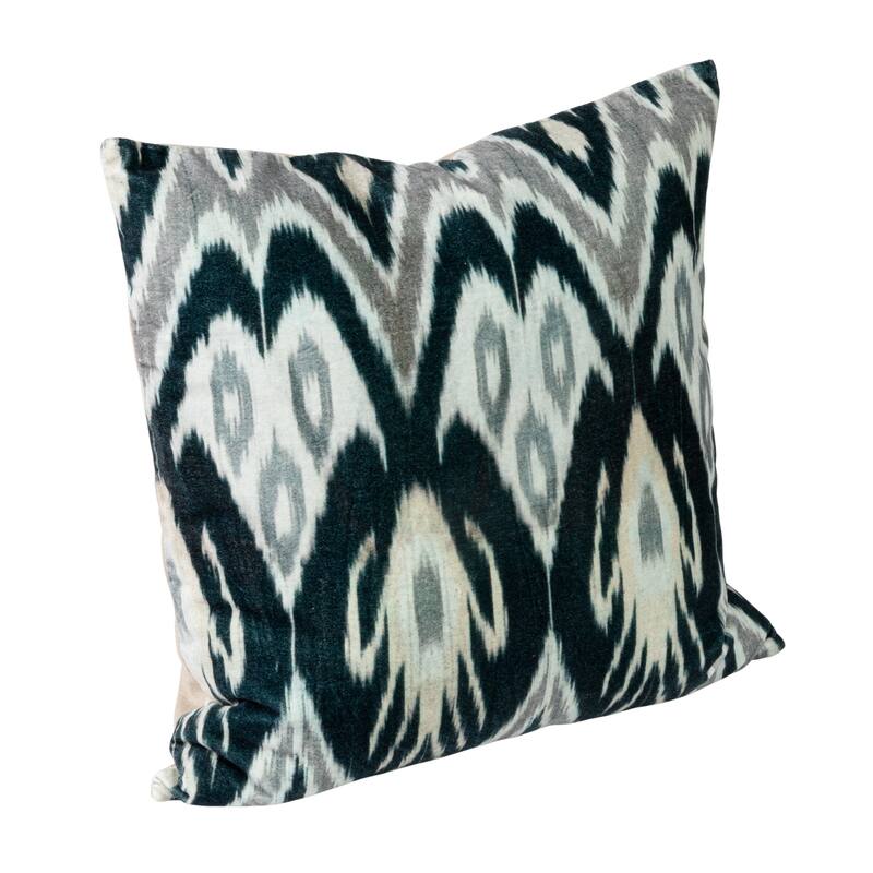 Cotton Velvet Ikat Printed Lumbar Pillow with Tassels and Chambray Back