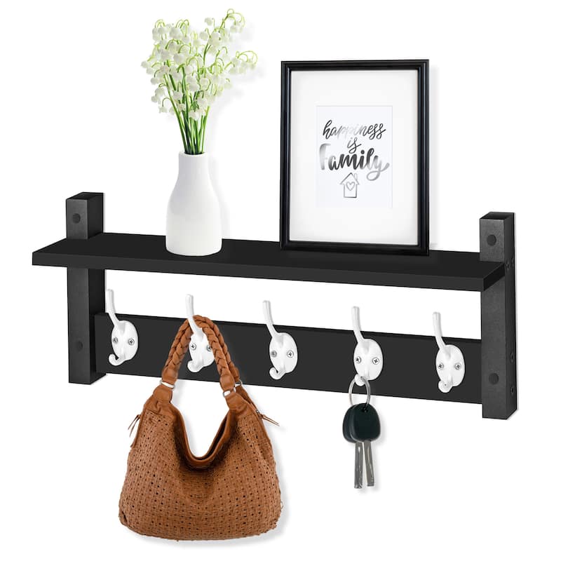 Sorbus Coat Hooks Wall Mount Floating Shelf with 5 Heavy Duty Hooks, Large and Extra Large