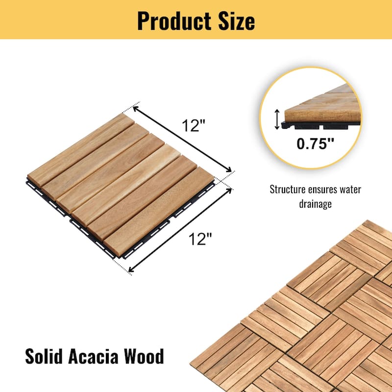 20 PCS Interlocking Deck Tiles Striped Pattern, 12" x 12"Square Acacia Hardwood Outdoor Flooring for Patio,Bancony,Pool Side
