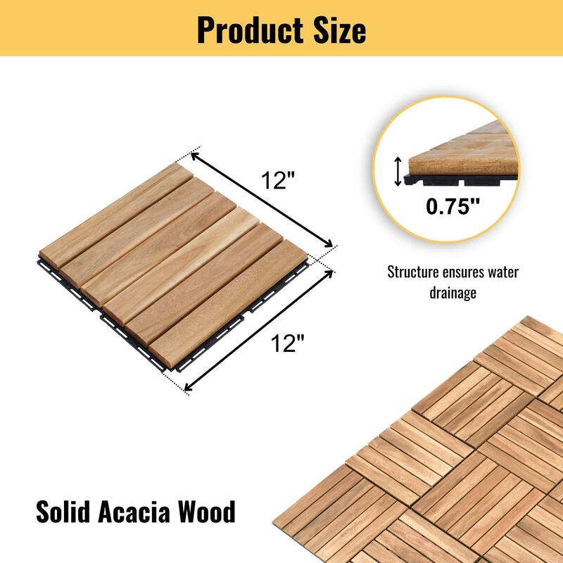 30 PCS Interlocking Deck Tiles Striped Pattern, 12" x 12" Square Acacia Hardwood Outdoor Flooring for Patio, Bancony, Pool Side