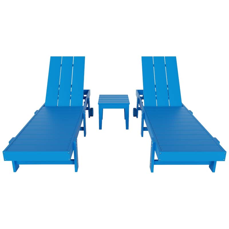 Polytrends Shoreside Modern Poly Eco-Friendly All Weather Reclining Pool Chaise Lounge With Wheels and Side Table (3-Piece Set)