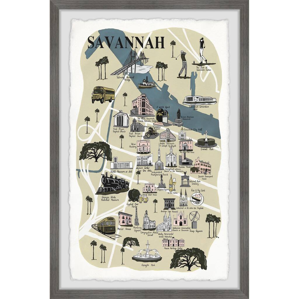 'Illustrated Map of Savannah' Framed Painting Print