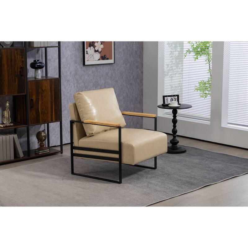 Khaki PU Modern PU Upholstered Accent Chair with Sturdy Metal Frame and Waist Cushion - Khaki   PU