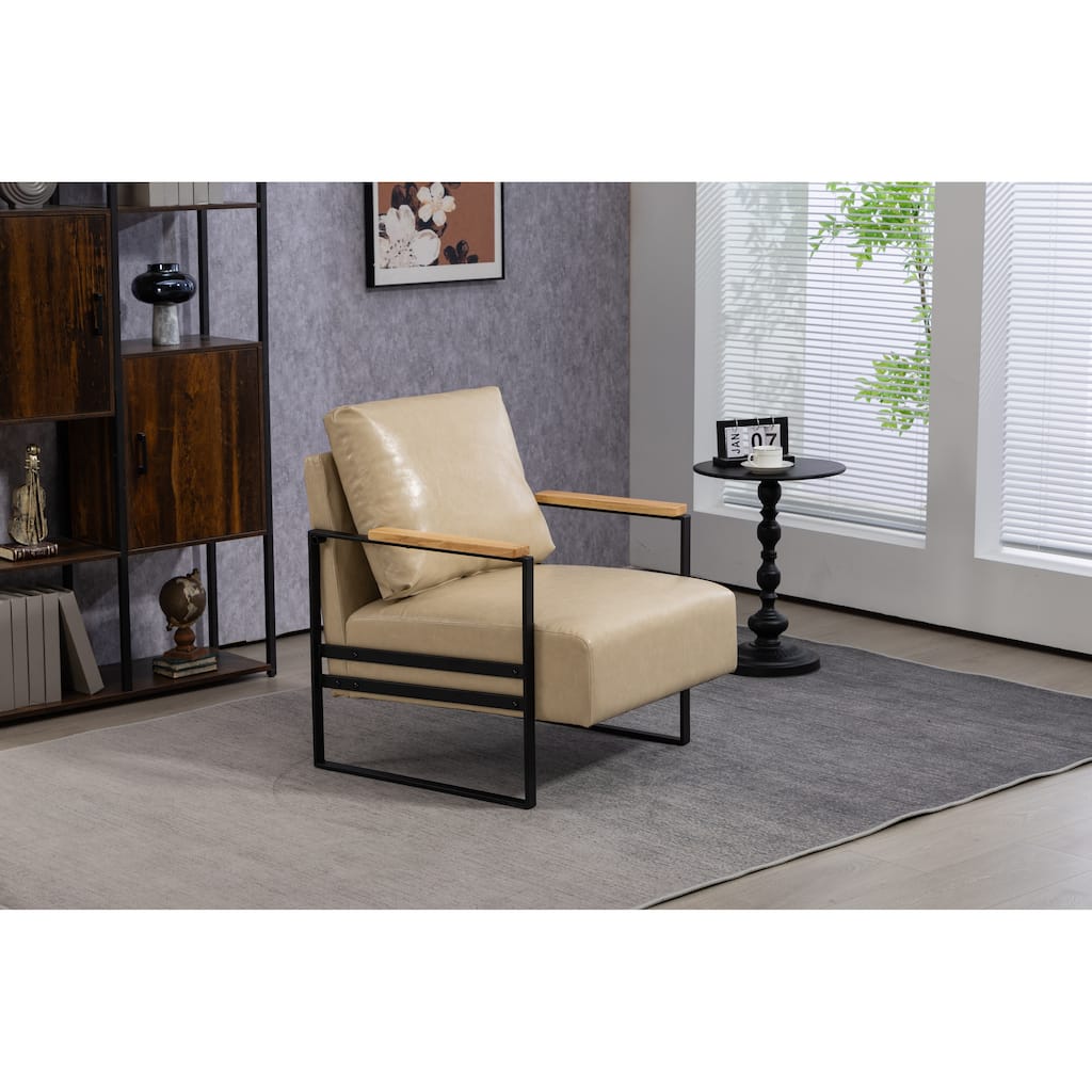 Khaki PU Modern PU Upholstered Accent Chair with Sturdy Metal Frame and Waist Cushion