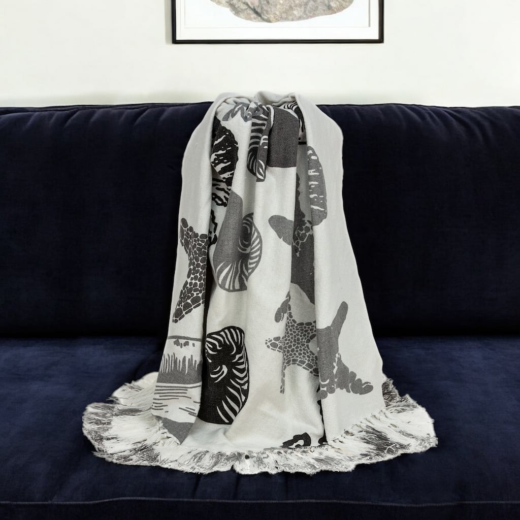 HomeRoots 52" X 67" Ivory and Gray Woven Cotton Coastal Seashell Throw Blanket with Fringe