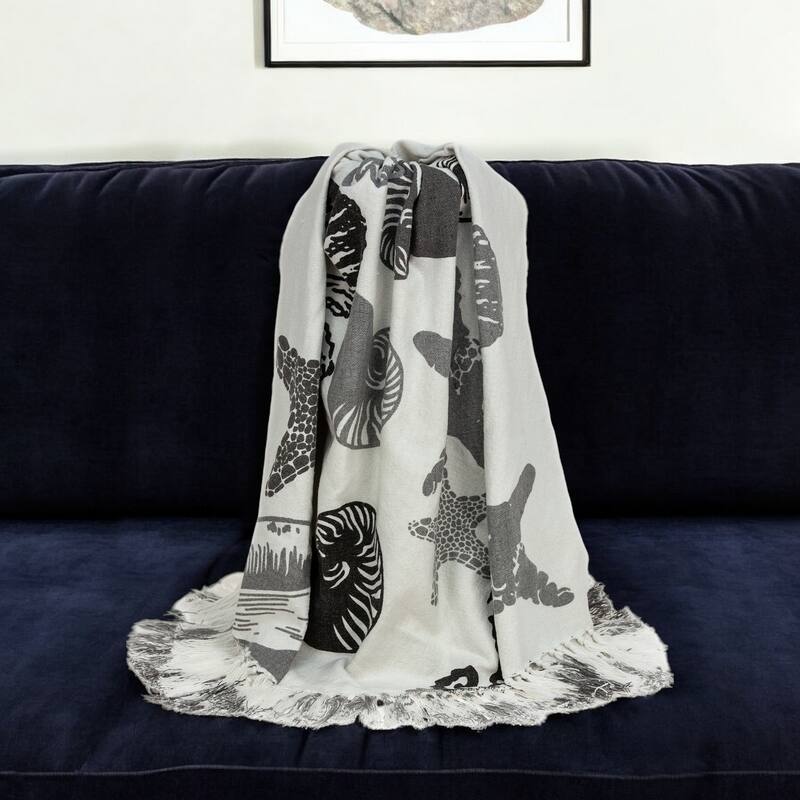 HomeRoots 52" X 67" Ivory and Gray Woven Cotton Coastal Seashell Throw Blanket with Fringe - Throw - White Black and Gray