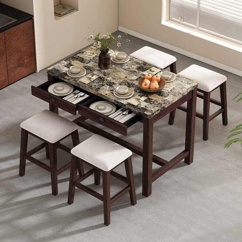 Modern Faux Marble Bar Table Set with Storage & Stools