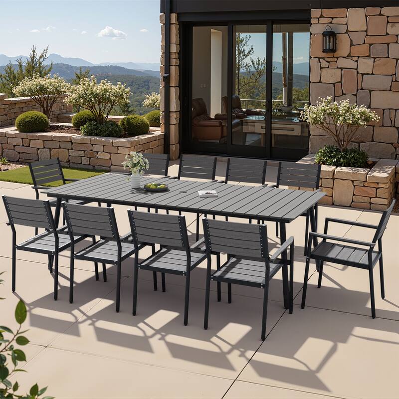 11-Piece Outdoor Patio Dining Set Wood-Like Table Top Alumium Umbrella Hole Table with Stackable Armrest Chairs - Grey