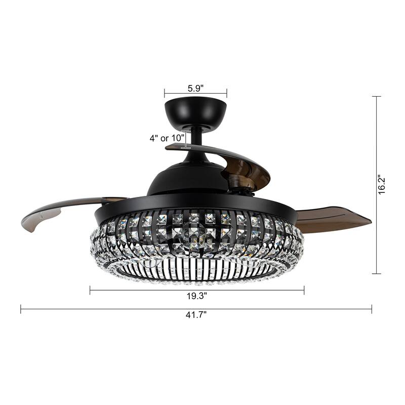 Modern 3-Blade Matte Black Crystal Caged Retractable Ceiling Fan with Remote and Light Kit - 41.73-in W x 16.2-in H