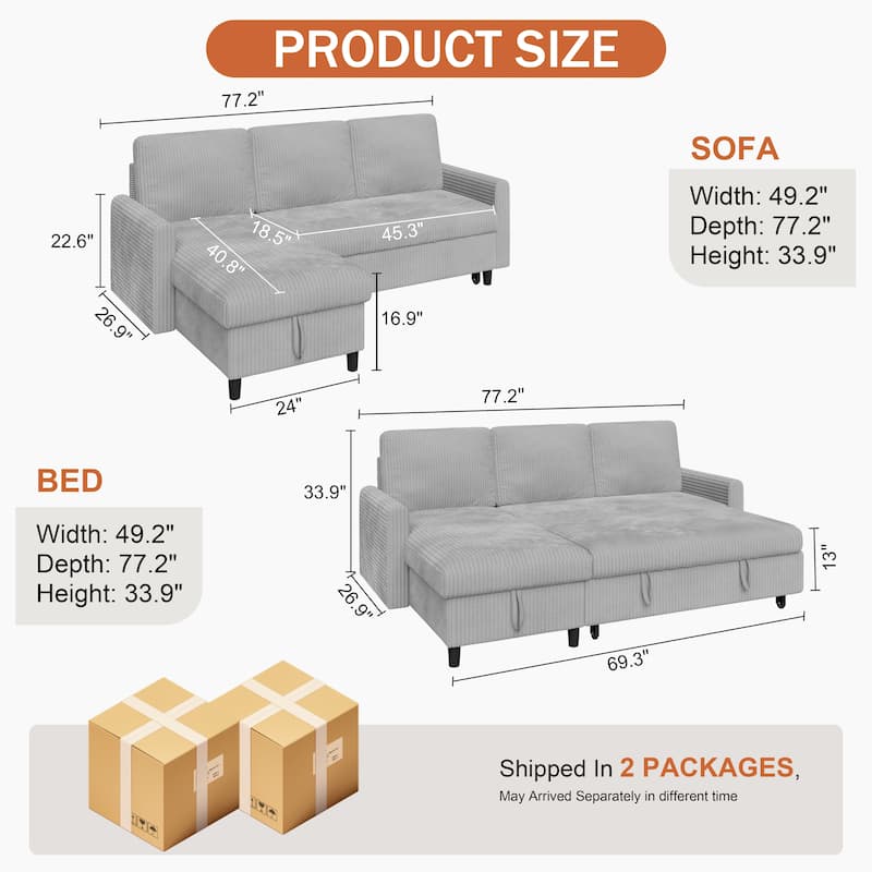 Futzca 3-in-1 Convertible Corduroy Sofa Bed with Storage, L-Shaped Sectional Couch