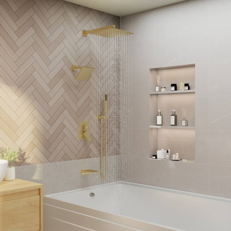 4-Spray Wall Mount 12 and 6 in. Dual Fixed and Handheld Shower Head with Waterfall Tub Spout (Valve Included) - 12" x 12"