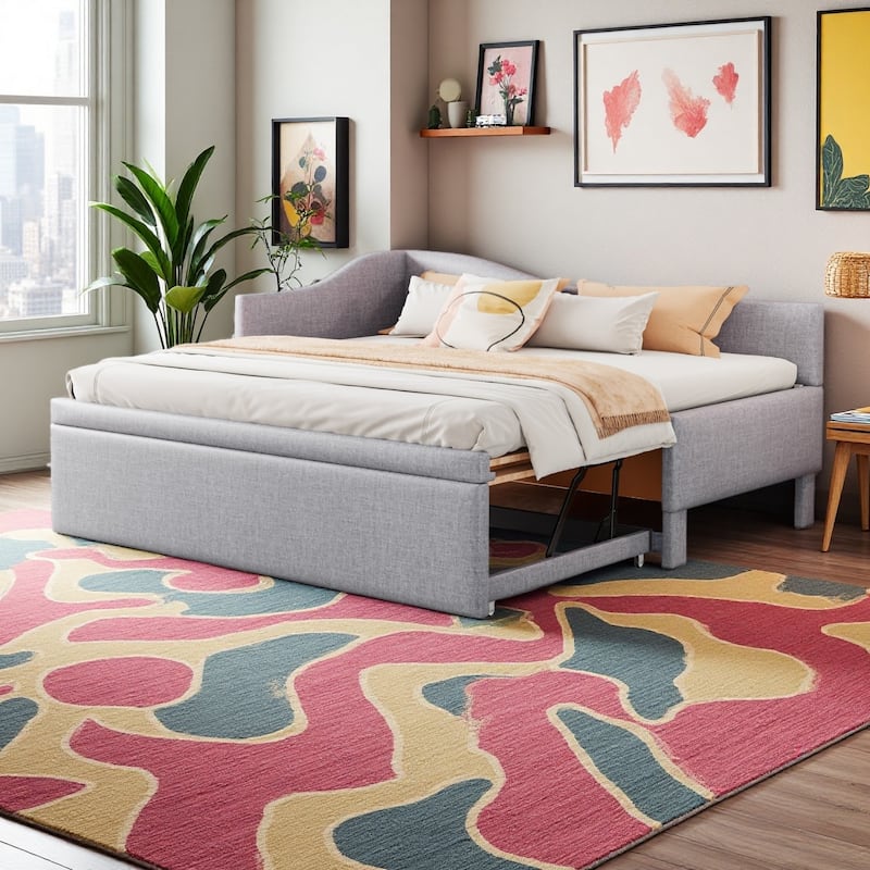Twin-to-King L-Shaped Upholstered Daybed with Pop-Up Trundle by Harper&Bright Designs - Grey