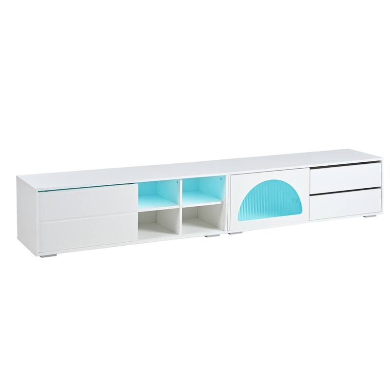 Modern APP TV Stand with Fluted Glass Door for TVs Up to 100", Media Console with Sliding Door & 2 Drawers, Adjust LED Light