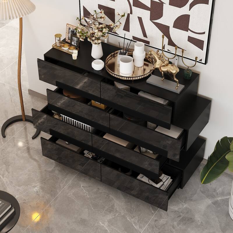 Sleek High Gloss White Eight-Drawer Dresser, Storage Unit Chest