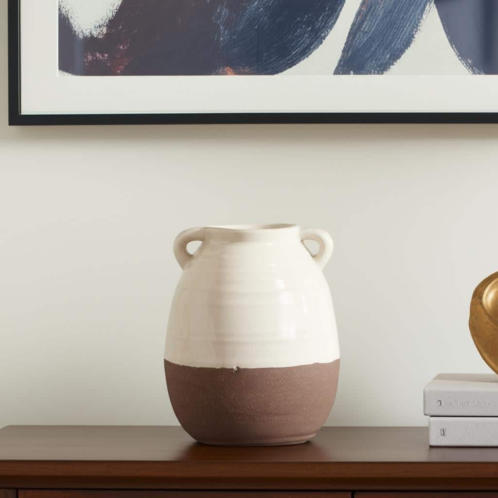 11" Brown And Cream Ceramic Amphora Table Vase - 7.87